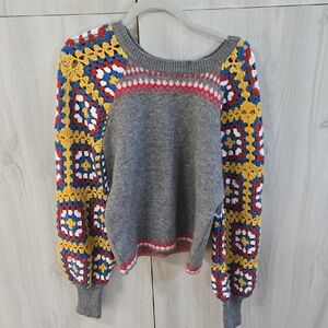 Panache Gray Sweater with Vibrant Crochet Patterns